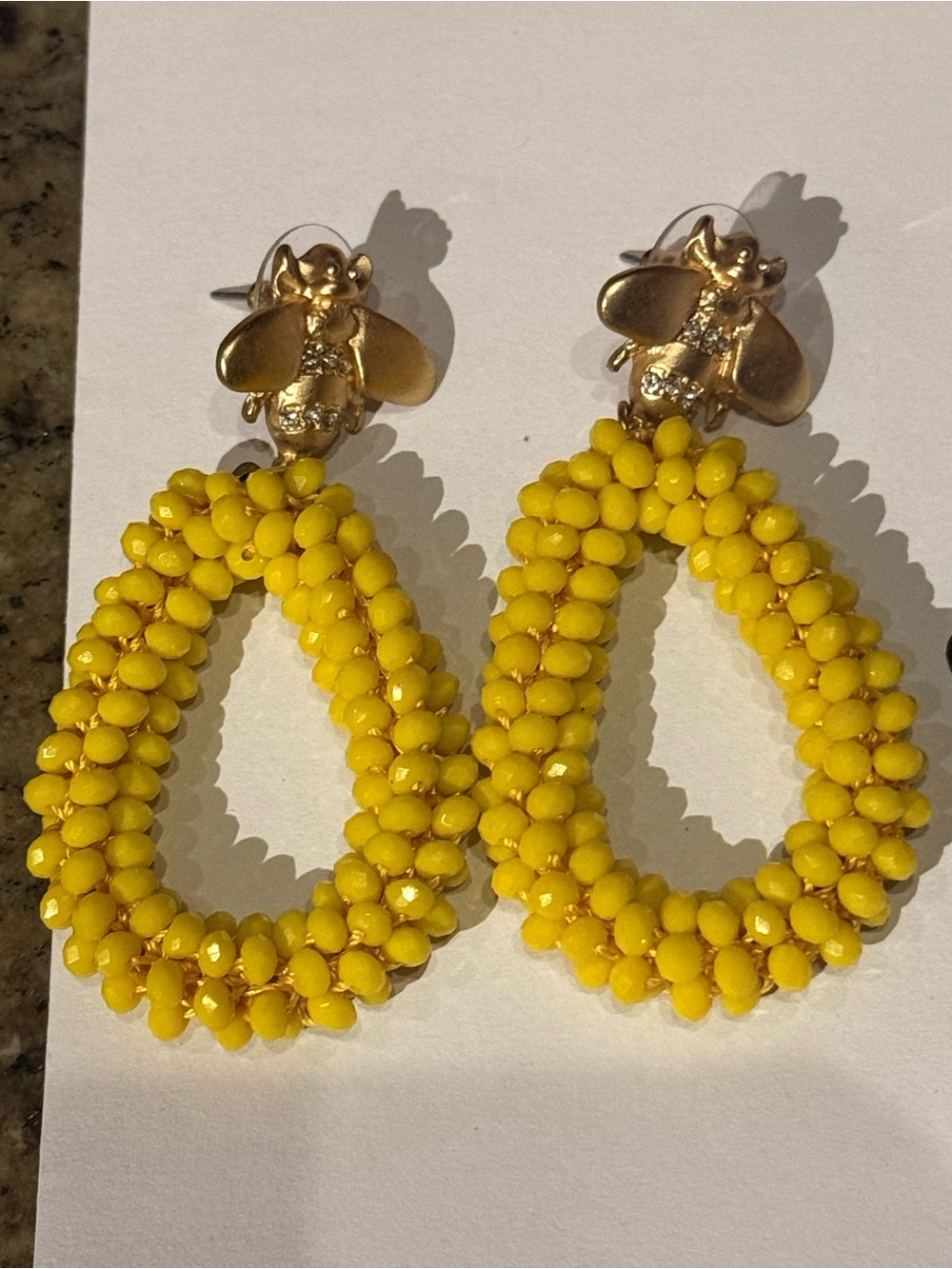 Yellow Beaded Teardrop Earrings with Gold Bee Studs Bohemian style